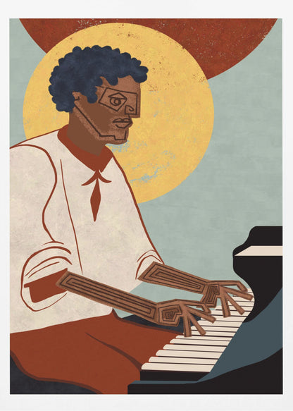 A stylized illustration of a Black man with an afro and geometric glasses playing a grand piano. His arms and hands are depicted with intricate line patterns. The background features a large yellow circle and a smaller red one against a muted blue, textured sky. Artwork