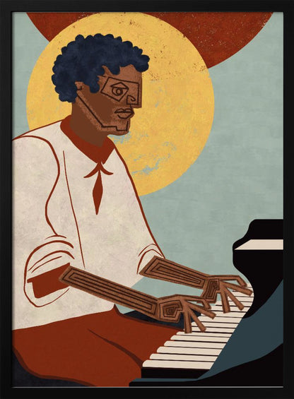 A stylized illustration of a Black man with an afro and geometric glasses playing a grand piano. His arms and hands are depicted with intricate line patterns. The background features a large yellow circle and a smaller red one against a muted blue, textured sky. Artwork