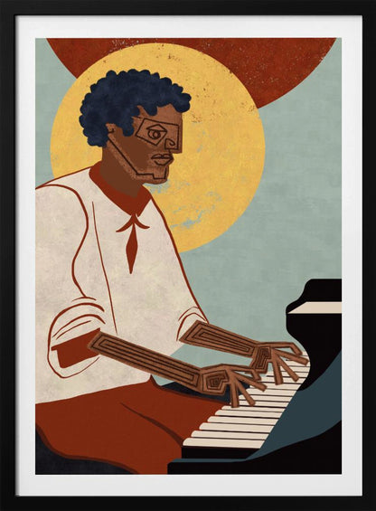 A stylized illustration of a Black man with an afro and geometric glasses playing a grand piano. His arms and hands are depicted with intricate line patterns. The background features a large yellow circle and a smaller red one against a muted blue, textured sky. Artwork