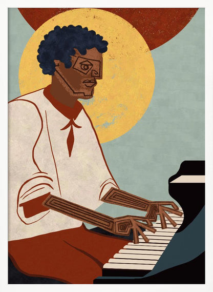 A stylized illustration of a Black man with an afro and geometric glasses playing a grand piano. His arms and hands are depicted with intricate line patterns. The background features a large yellow circle and a smaller red one against a muted blue, textured sky. Artwork