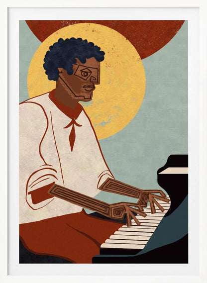 A stylized illustration of a Black man with an afro and geometric glasses playing a grand piano. His arms and hands are depicted with intricate line patterns. The background features a large yellow circle and a smaller red one against a muted blue, textured sky. Artwork
