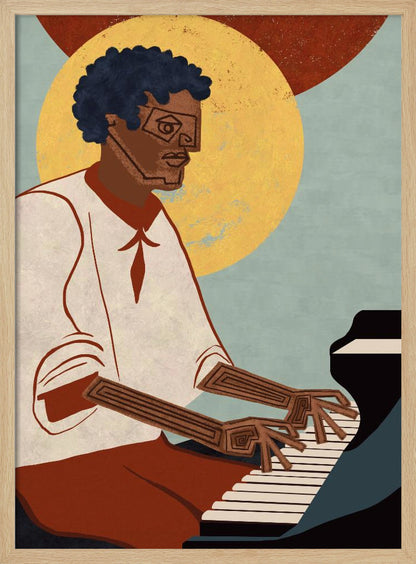 A stylized illustration of a Black man with an afro and geometric glasses playing a grand piano. His arms and hands are depicted with intricate line patterns. The background features a large yellow circle and a smaller red one against a muted blue, textured sky. Artwork