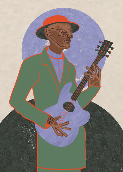 A stylized illustration of a musician in a black frame. The Black man, wearing a green jacket, red hat, and geometric glasses, plays a light purple guitar against a background with a large purple circle and a dark semi-circle. Wall Art
