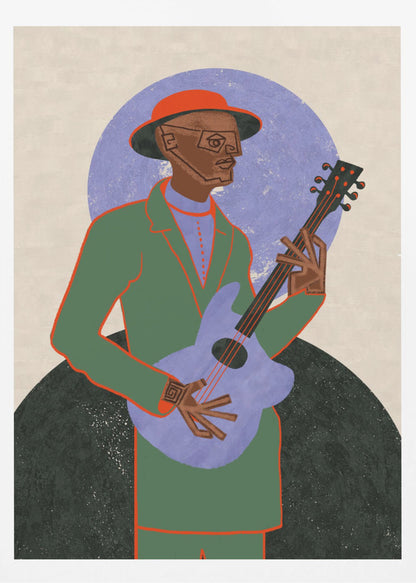 A stylized illustration of a musician in a black frame. The Black man, wearing a green jacket, red hat, and geometric glasses, plays a light purple guitar against a background with a large purple circle and a dark semi-circle. Wall Art
