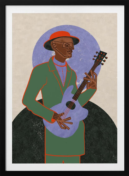 A stylized illustration of a musician in a black frame. The Black man, wearing a green jacket, red hat, and geometric glasses, plays a light purple guitar against a background with a large purple circle and a dark semi-circle. Wall Art