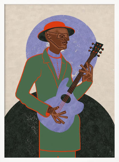 A stylized illustration of a musician in a black frame. The Black man, wearing a green jacket, red hat, and geometric glasses, plays a light purple guitar against a background with a large purple circle and a dark semi-circle. Wall Art