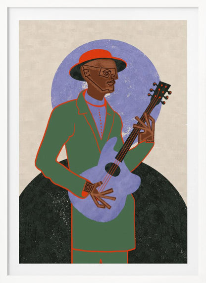 A stylized illustration of a musician in a black frame. The Black man, wearing a green jacket, red hat, and geometric glasses, plays a light purple guitar against a background with a large purple circle and a dark semi-circle. Wall Art