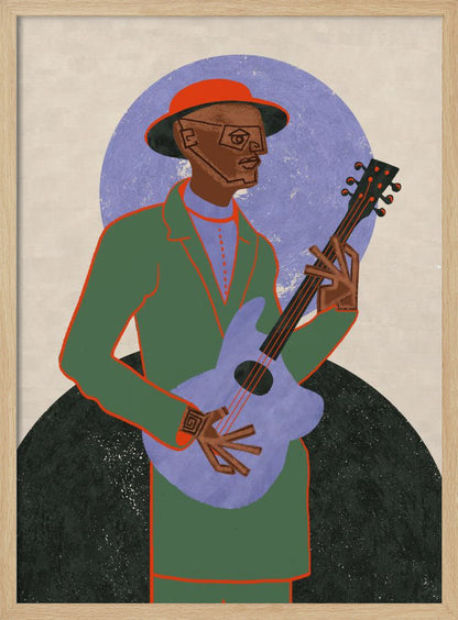 A stylized illustration of a musician in a black frame. The Black man, wearing a green jacket, red hat, and geometric glasses, plays a light purple guitar against a background with a large purple circle and a dark semi-circle. Wall Art