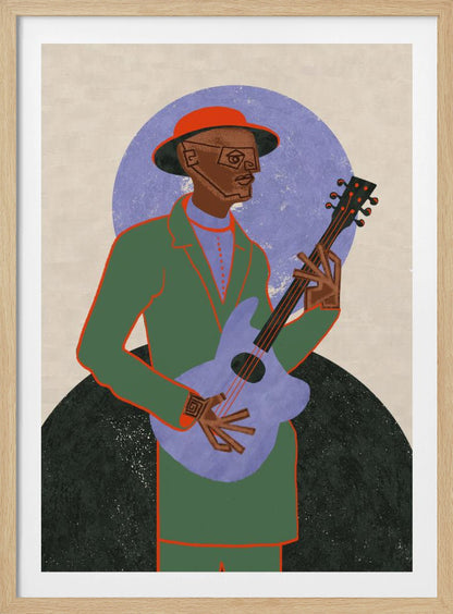 A stylized illustration of a musician in a black frame. The Black man, wearing a green jacket, red hat, and geometric glasses, plays a light purple guitar against a background with a large purple circle and a dark semi-circle. Wall Art