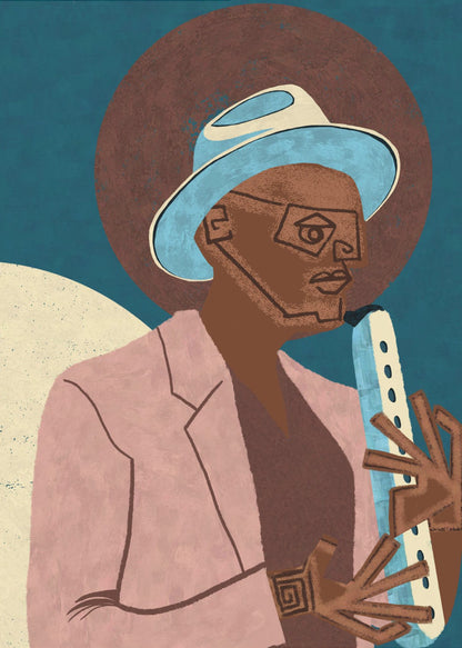 A stylized illustration of a Black man wearing a light blue fedora and a pink jacket. He is playing a light-colored wind instrument against a dark blue background with a large brown circle behind his head. The art style is geometric and graphic. Artwork