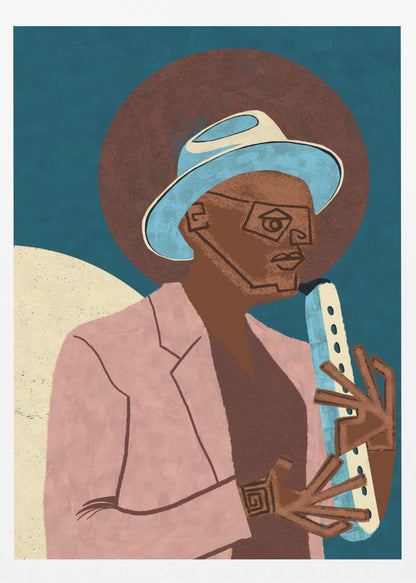 A stylized illustration of a Black man wearing a light blue fedora and a pink jacket. He is playing a light-colored wind instrument against a dark blue background with a large brown circle behind his head. The art style is geometric and graphic. Artwork