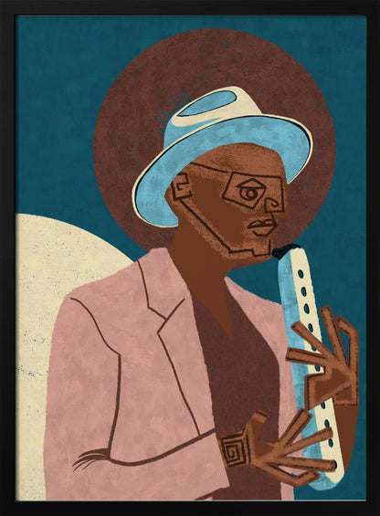 A stylized illustration of a Black man wearing a light blue fedora and a pink jacket. He is playing a light-colored wind instrument against a dark blue background with a large brown circle behind his head. The art style is geometric and graphic. Artwork