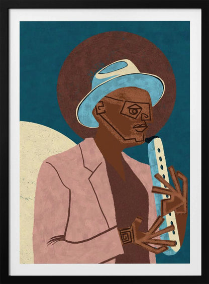 A stylized illustration of a Black man wearing a light blue fedora and a pink jacket. He is playing a light-colored wind instrument against a dark blue background with a large brown circle behind his head. The art style is geometric and graphic. Artwork