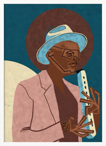 A stylized illustration of a Black man wearing a light blue fedora and a pink jacket. He is playing a light-colored wind instrument against a dark blue background with a large brown circle behind his head. The art style is geometric and graphic. Artwork