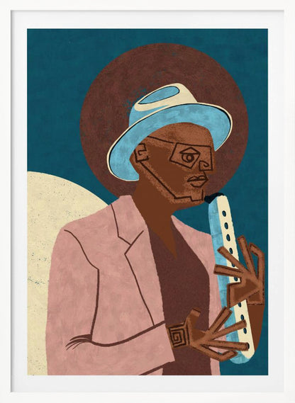 A stylized illustration of a Black man wearing a light blue fedora and a pink jacket. He is playing a light-colored wind instrument against a dark blue background with a large brown circle behind his head. The art style is geometric and graphic. Artwork