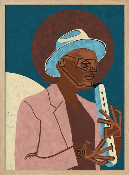 A stylized illustration of a Black man wearing a light blue fedora and a pink jacket. He is playing a light-colored wind instrument against a dark blue background with a large brown circle behind his head. The art style is geometric and graphic. Artwork