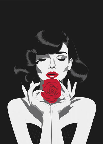 A high-contrast graphic illustration of a woman with dark wavy hair and closed eyes, holding a single vibrant red rose in front of her mouth. The image is primarily black and white, with selective color on her red lips and the rose. Decor