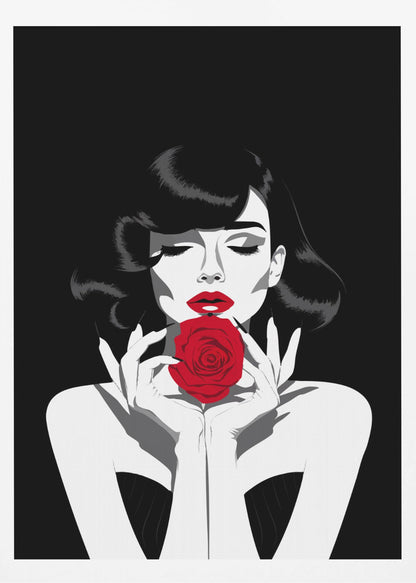 A high-contrast graphic illustration of a woman with dark wavy hair and closed eyes, holding a single vibrant red rose in front of her mouth. The image is primarily black and white, with selective color on her red lips and the rose. Decor