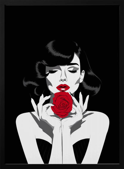 A high-contrast graphic illustration of a woman with dark wavy hair and closed eyes, holding a single vibrant red rose in front of her mouth. The image is primarily black and white, with selective color on her red lips and the rose. Decor
