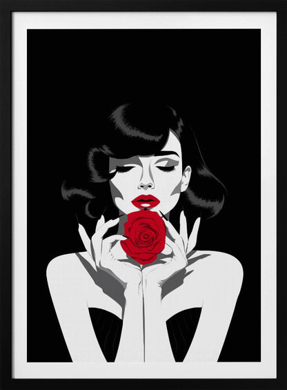 A high-contrast graphic illustration of a woman with dark wavy hair and closed eyes, holding a single vibrant red rose in front of her mouth. The image is primarily black and white, with selective color on her red lips and the rose. Decor