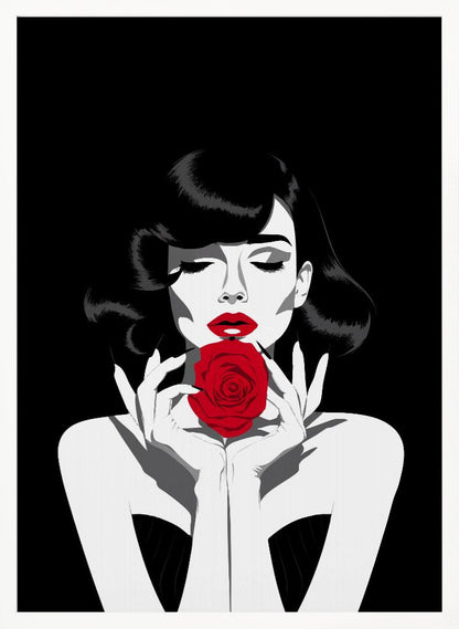 A high-contrast graphic illustration of a woman with dark wavy hair and closed eyes, holding a single vibrant red rose in front of her mouth. The image is primarily black and white, with selective color on her red lips and the rose. Decor
