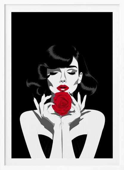 A high-contrast graphic illustration of a woman with dark wavy hair and closed eyes, holding a single vibrant red rose in front of her mouth. The image is primarily black and white, with selective color on her red lips and the rose. Decor