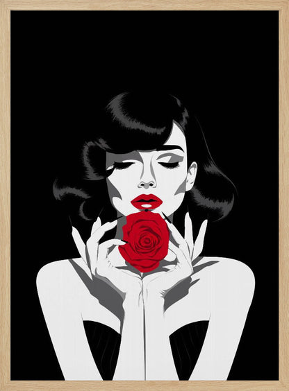 A high-contrast graphic illustration of a woman with dark wavy hair and closed eyes, holding a single vibrant red rose in front of her mouth. The image is primarily black and white, with selective color on her red lips and the rose. Decor