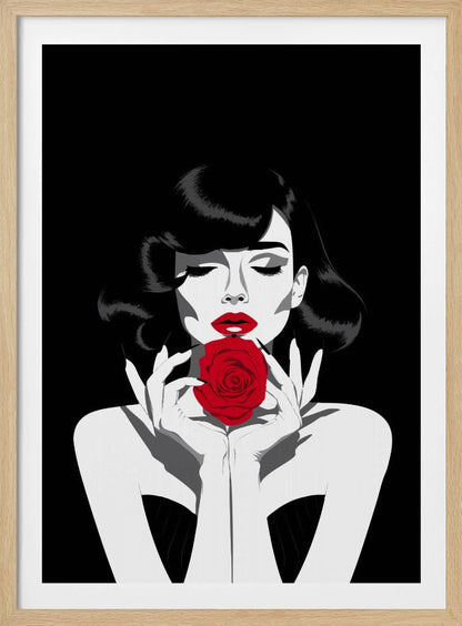 A high-contrast graphic illustration of a woman with dark wavy hair and closed eyes, holding a single vibrant red rose in front of her mouth. The image is primarily black and white, with selective color on her red lips and the rose. Decor