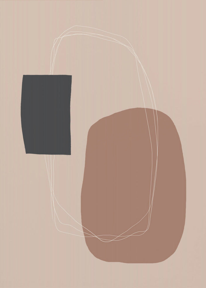 A minimalist abstract artwork in a black frame. The piece features a dark charcoal rectangle and a larger, organic terracotta brown shape on a dusty pink background. A thin, white, scribbled line loops loosely around both shapes, connecting them. Decor