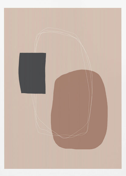 A minimalist abstract artwork in a black frame. The piece features a dark charcoal rectangle and a larger, organic terracotta brown shape on a dusty pink background. A thin, white, scribbled line loops loosely around both shapes, connecting them. Decor