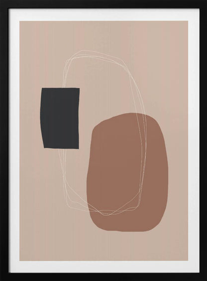 A minimalist abstract artwork in a black frame. The piece features a dark charcoal rectangle and a larger, organic terracotta brown shape on a dusty pink background. A thin, white, scribbled line loops loosely around both shapes, connecting them. Decor