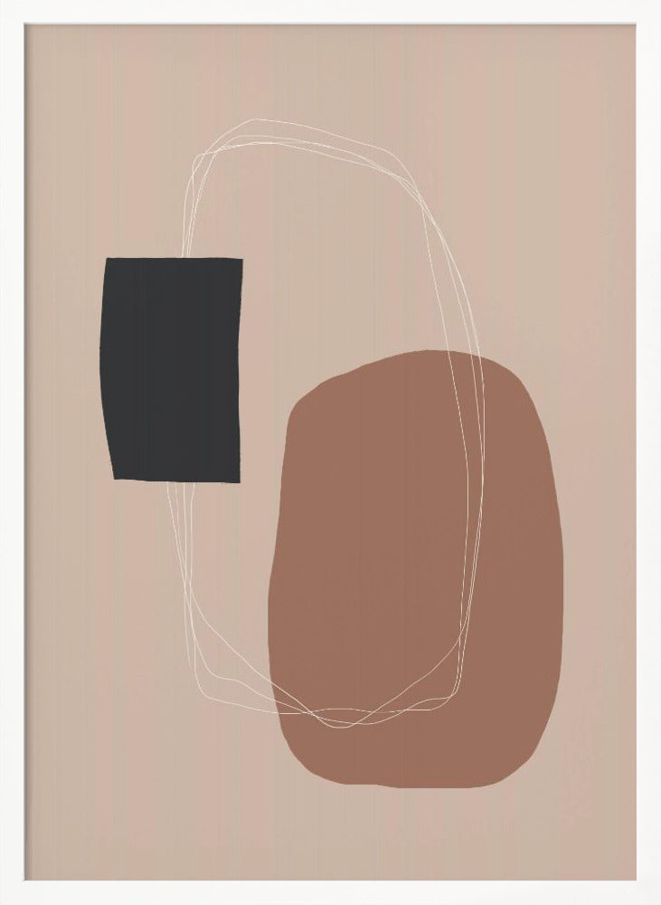 A minimalist abstract artwork in a black frame. The piece features a dark charcoal rectangle and a larger, organic terracotta brown shape on a dusty pink background. A thin, white, scribbled line loops loosely around both shapes, connecting them. Decor