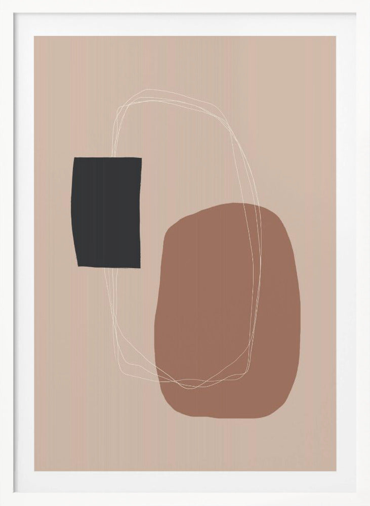 A minimalist abstract artwork in a black frame. The piece features a dark charcoal rectangle and a larger, organic terracotta brown shape on a dusty pink background. A thin, white, scribbled line loops loosely around both shapes, connecting them. Decor
