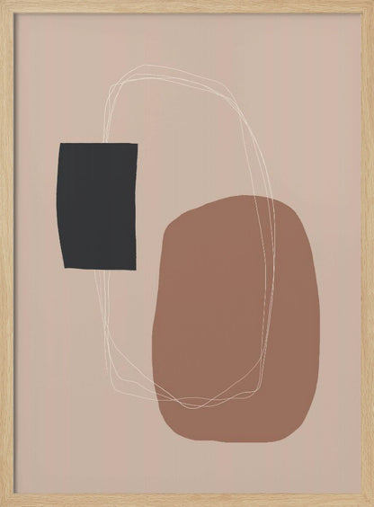 A minimalist abstract artwork in a black frame. The piece features a dark charcoal rectangle and a larger, organic terracotta brown shape on a dusty pink background. A thin, white, scribbled line loops loosely around both shapes, connecting them. Decor