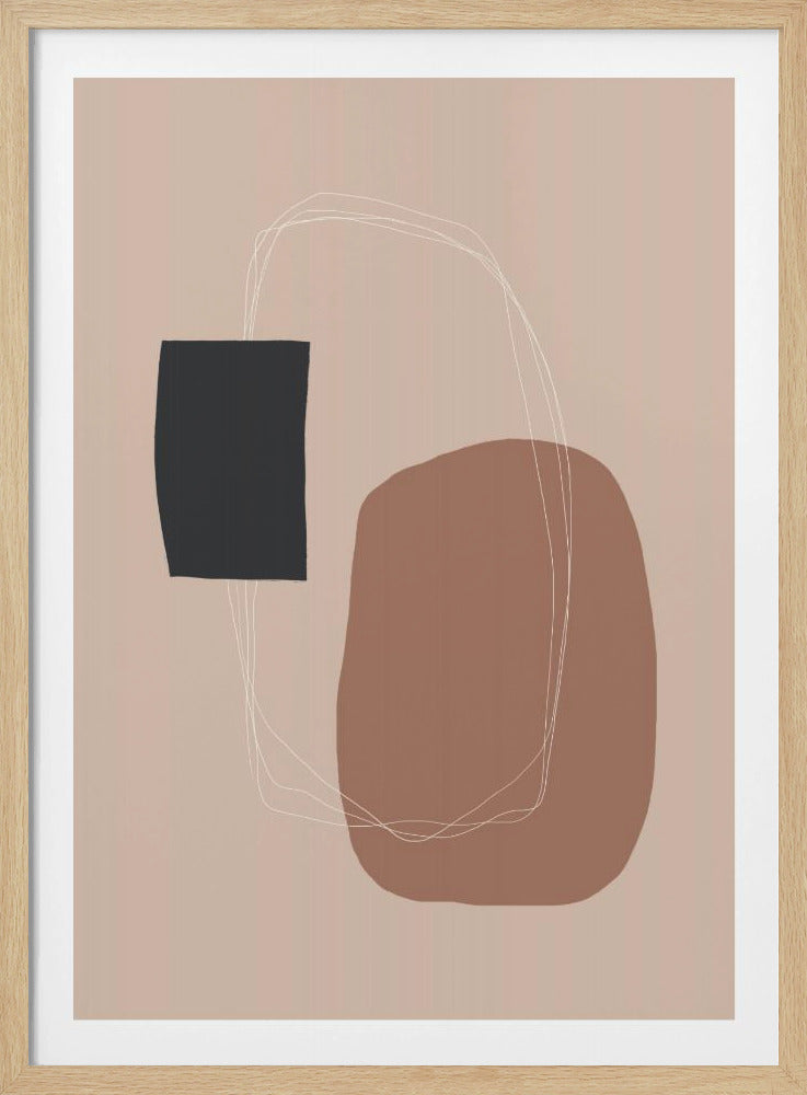 A minimalist abstract artwork in a black frame. The piece features a dark charcoal rectangle and a larger, organic terracotta brown shape on a dusty pink background. A thin, white, scribbled line loops loosely around both shapes, connecting them. Decor