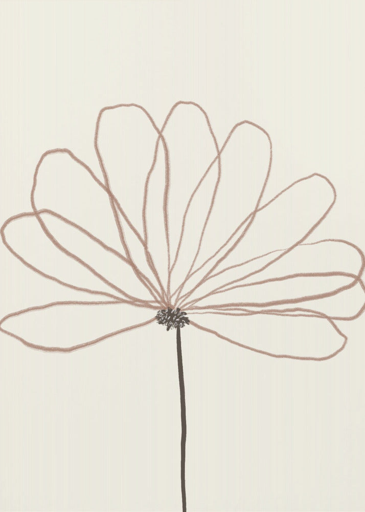 A minimalist line drawing of a flower with dusty rose colored petals against a cream background. The flower is drawn with delicate, overlapping loops creating the petals, and has a dark brown stem and center. The artwork is presented in a thin black frame. Wall Art