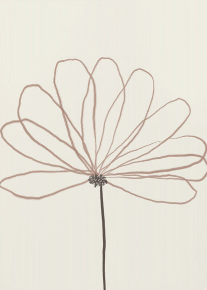 A minimalist line drawing of a flower with dusty rose colored petals against a cream background. The flower is drawn with delicate, overlapping loops creating the petals, and has a dark brown stem and center. The artwork is presented in a thin black frame. Wall Art
