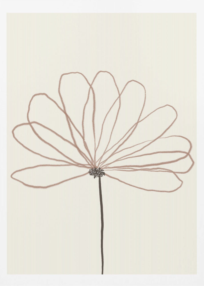 A minimalist line drawing of a flower with dusty rose colored petals against a cream background. The flower is drawn with delicate, overlapping loops creating the petals, and has a dark brown stem and center. The artwork is presented in a thin black frame. Wall Art