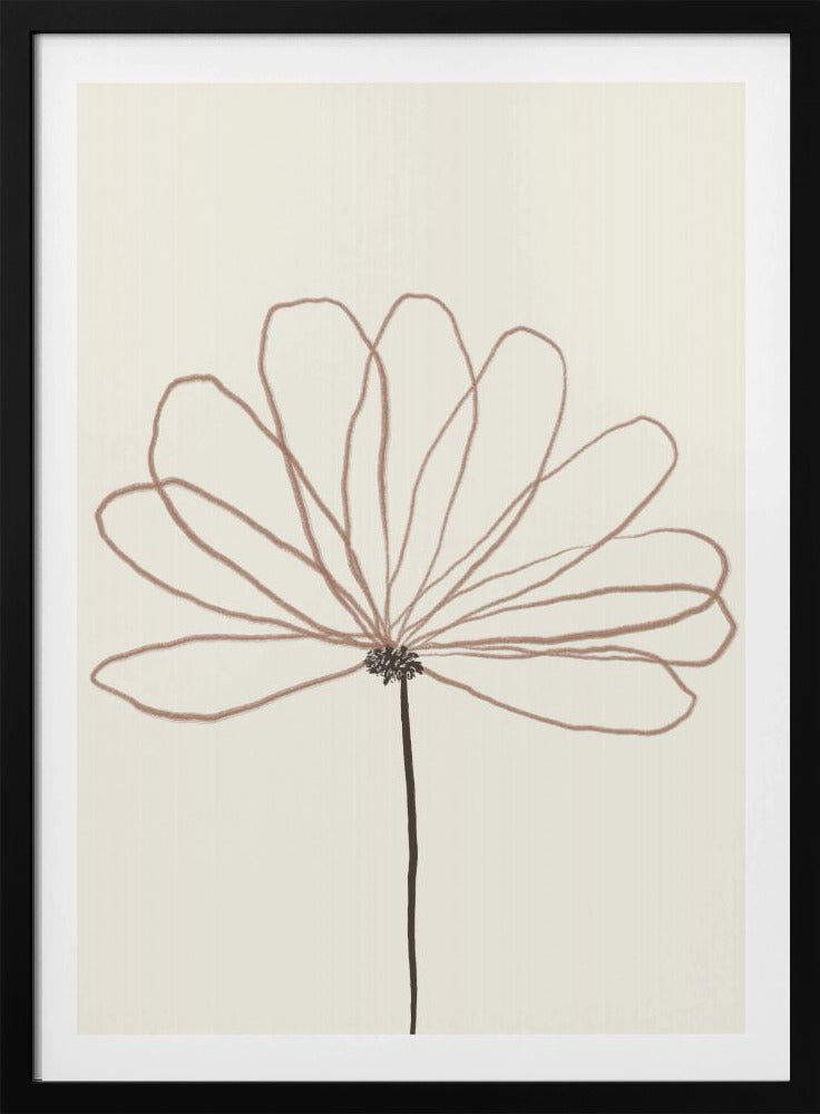 A minimalist line drawing of a flower with dusty rose colored petals against a cream background. The flower is drawn with delicate, overlapping loops creating the petals, and has a dark brown stem and center. The artwork is presented in a thin black frame. Wall Art