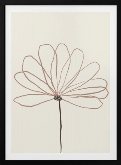 A minimalist line drawing of a flower with dusty rose colored petals against a cream background. The flower is drawn with delicate, overlapping loops creating the petals, and has a dark brown stem and center. The artwork is presented in a thin black frame. Wall Art