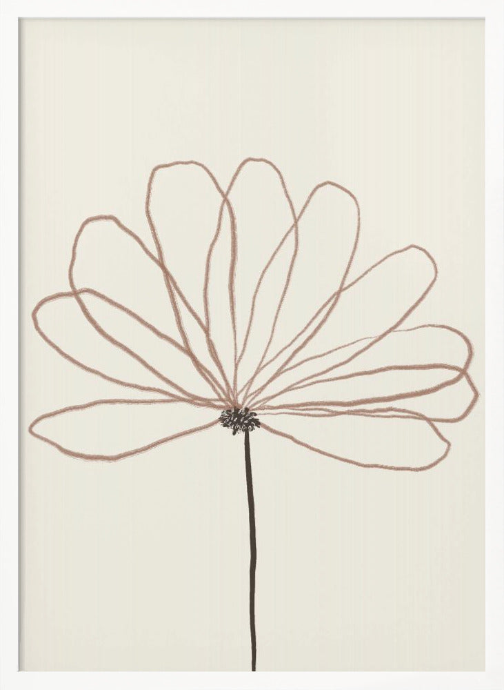 A minimalist line drawing of a flower with dusty rose colored petals against a cream background. The flower is drawn with delicate, overlapping loops creating the petals, and has a dark brown stem and center. The artwork is presented in a thin black frame. Wall Art