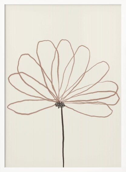 A minimalist line drawing of a flower with dusty rose colored petals against a cream background. The flower is drawn with delicate, overlapping loops creating the petals, and has a dark brown stem and center. The artwork is presented in a thin black frame. Wall Art
