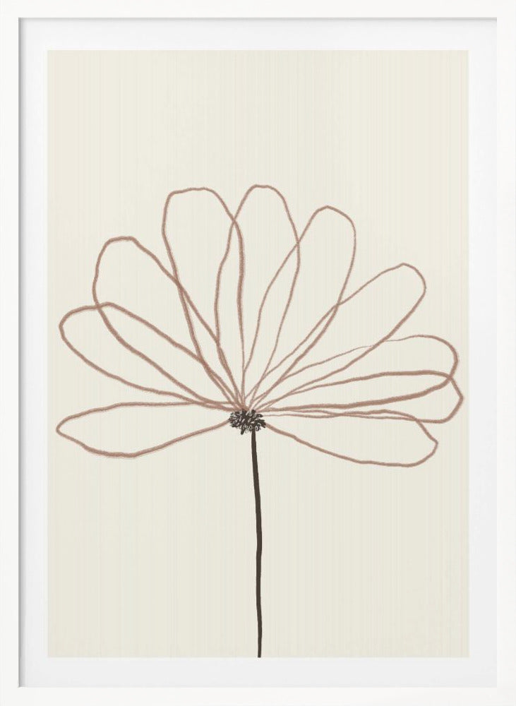 A minimalist line drawing of a flower with dusty rose colored petals against a cream background. The flower is drawn with delicate, overlapping loops creating the petals, and has a dark brown stem and center. The artwork is presented in a thin black frame. Wall Art