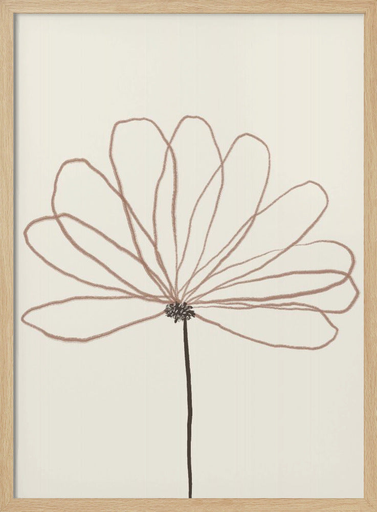 A minimalist line drawing of a flower with dusty rose colored petals against a cream background. The flower is drawn with delicate, overlapping loops creating the petals, and has a dark brown stem and center. The artwork is presented in a thin black frame. Wall Art