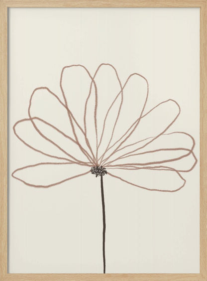A minimalist line drawing of a flower with dusty rose colored petals against a cream background. The flower is drawn with delicate, overlapping loops creating the petals, and has a dark brown stem and center. The artwork is presented in a thin black frame. Wall Art