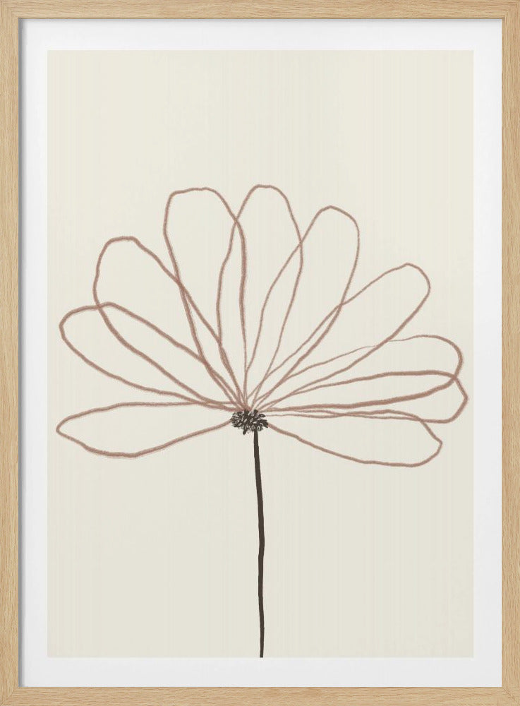 A minimalist line drawing of a flower with dusty rose colored petals against a cream background. The flower is drawn with delicate, overlapping loops creating the petals, and has a dark brown stem and center. The artwork is presented in a thin black frame. Wall Art