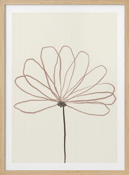 A minimalist line drawing of a flower with dusty rose colored petals against a cream background. The flower is drawn with delicate, overlapping loops creating the petals, and has a dark brown stem and center. The artwork is presented in a thin black frame. Wall Art