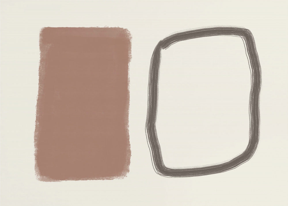 A minimalist abstract artwork in a silver frame, featuring a solid terracotta brown rectangle next to a hand-drawn, rounded rectangular outline in charcoal grey, both set against a cream background. Poster