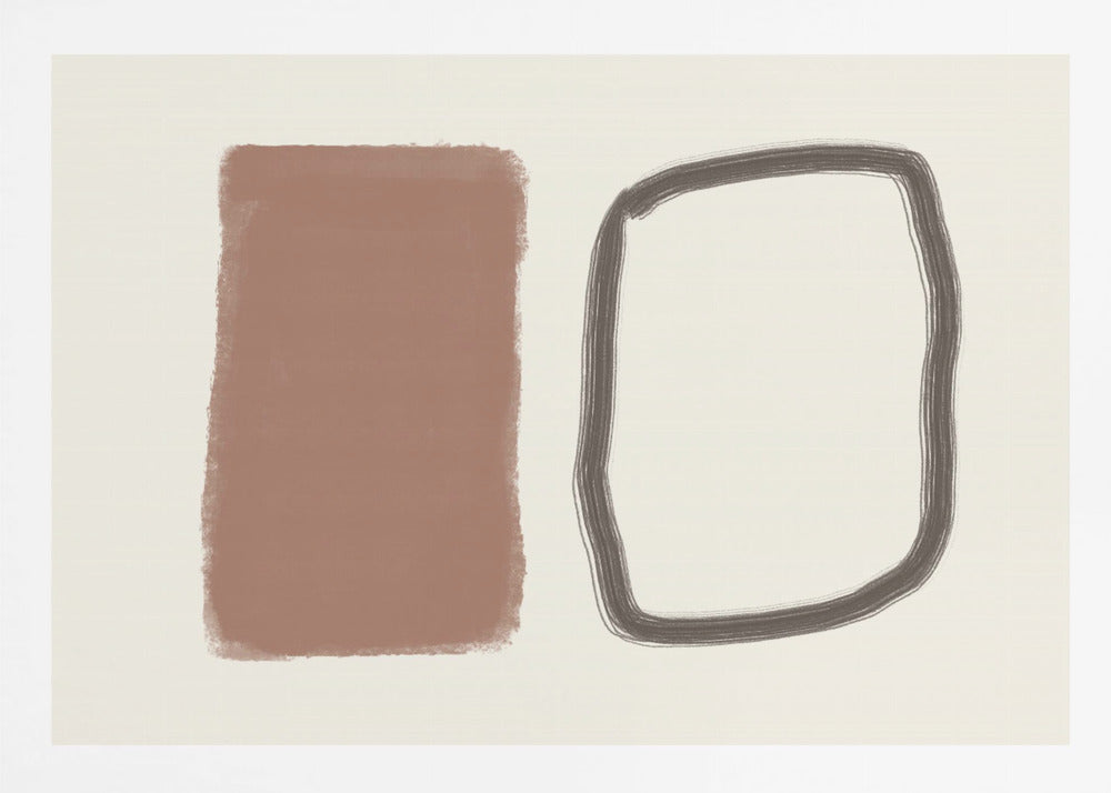 A minimalist abstract artwork in a silver frame, featuring a solid terracotta brown rectangle next to a hand-drawn, rounded rectangular outline in charcoal grey, both set against a cream background. Poster