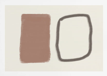 A minimalist abstract artwork in a silver frame, featuring a solid terracotta brown rectangle next to a hand-drawn, rounded rectangular outline in charcoal grey, both set against a cream background. Poster